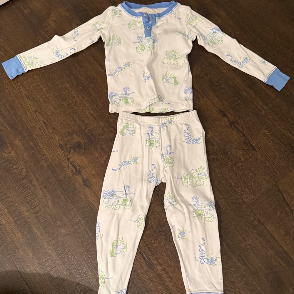 The Beaufort Bonnet Company White Pajama Set - Blue & Green Jungle Safari